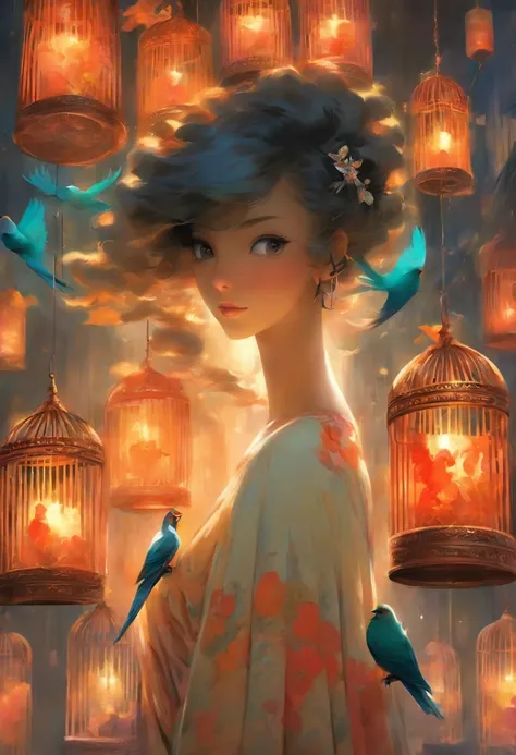 There is a drawing of a woman holding a bird in a cage, Inspired by Mathieu Le Nan, Highly conceptual figurative art, inspired by Stevan Dohanos, Inspired by Carlo Mense, tom bagshaw style, adrian borda, by Mathieu Le Nan, inspired by Esao Andrews, Inspire...