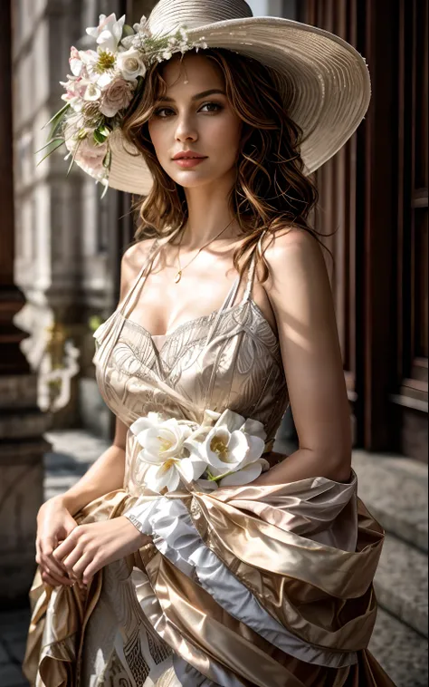 Farbenfrohes RAW-Foto,  Detailliert, Frau (Eva Mendes:0.7) wears an intricate dress, das Kleid hat einen sehr tiefen Ausschnitt, Woman has a beautiful bosom, Woman has a sensual seductive smile, Sharp resolution, bokeh, (Hochdetailliertes Fell:1.2), 8K UHD...