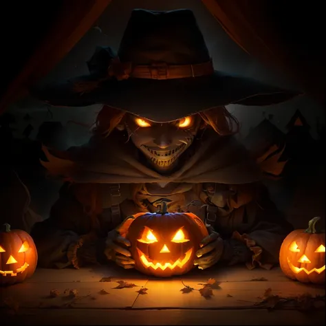 foreshortening,  depth of field, masterpiece, best quality, a scarecrow emerges, its pumpkin head grinning wickedly, and it clutches two jack-o-lanterns, turning the night into a scene from a ghostly tale.