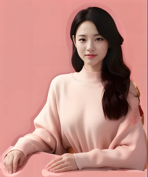 Image of a woman with long hair and a pink sweater,Beautiful Chinese woman, Gorgeous young Chinese woman,(8K, Photorealistic, RAW photo, Best quality: 1.4)，Beautiful face, (Realistic face), (Black hair), Beautiful hairstyle, Realistic eyes, Beautiful detai...