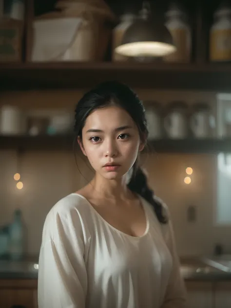 solo,  stand in the kitchen,  a malay girl, milk falls on the chest area of the shirt, sad face, head tilt, eye close, wet shirt with milk, (delicate illustration:1.4), (renaissance art:1.4),  (masterpiece:1.0), (best quality:1.4), (ultra highres:1.2), (ph...