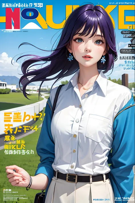 masterpiece, best quality, spring outfit, colorful hair, outdoor, magazine cover ,upper body,