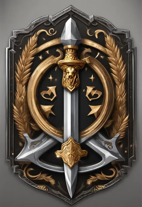 （Game achievement badge design），silver medal，Flat 2D Effects，Wheat border ears，(In the center of the medallion is the letter M、There is an icon at the intersection of the hammer and wrench)、sword and magic