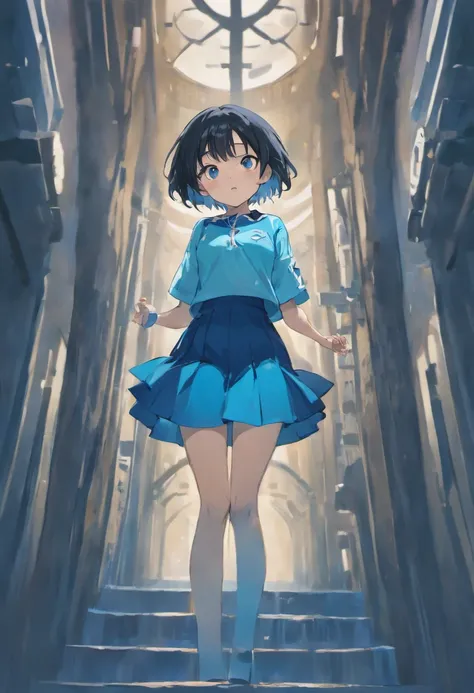 1girl, backwards, tights, eyes closed, arms down, black hair, short hair, blue shirt, blue skirt, feet