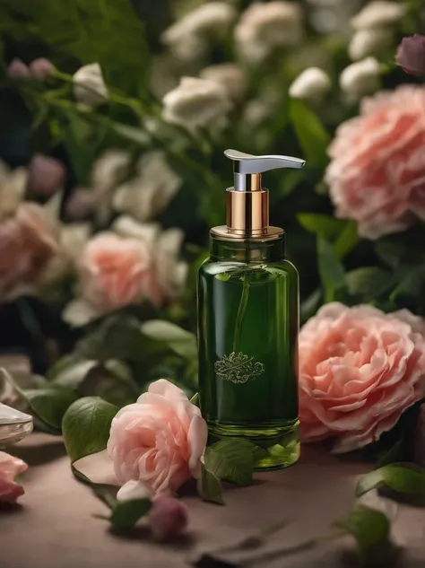 A bottle of body lotion surrounded by some flowers，Surrounded by complex greenery communities，OC rendering，Match the environment，exquisite curve，Expression mysterious，noble，𝓡𝓸𝓶𝓪𝓷𝓽𝓲𝓬