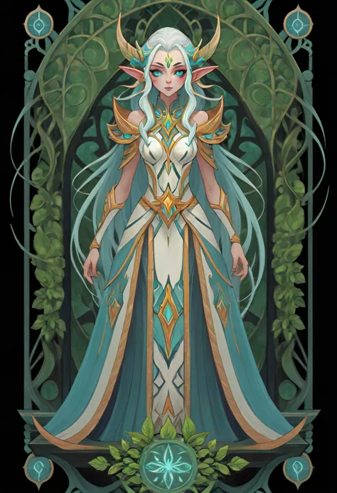 1girll, elves, from world of warcraft, full body standing painting, (((独奏))), clear facial features, simple line design, ((tarot...