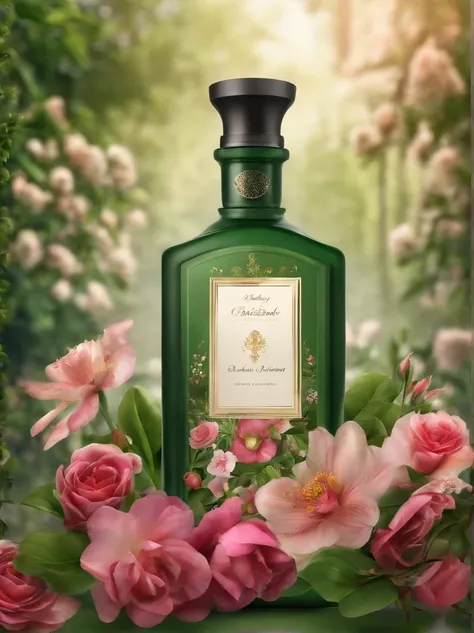 A bottle of body lotion surrounded by flowers，Surrounded by a complex of green neighborhoods，oc rendered，Match the environment，exquisite curve，The expression is mysterious，Noble，𝓡𝓸𝓶𝓪𝓷𝓽𝓲𝓬