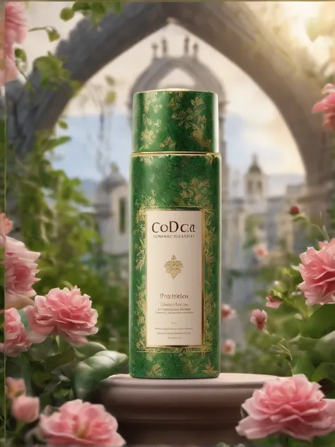 A bottle of body lotion surrounded by flowers，Surrounded by a complex of green neighborhoods，oc rendered，Match the environment，exquisite curve，The expression is mysterious，Noble，𝓡𝓸𝓶𝓪𝓷𝓽𝓲𝓬