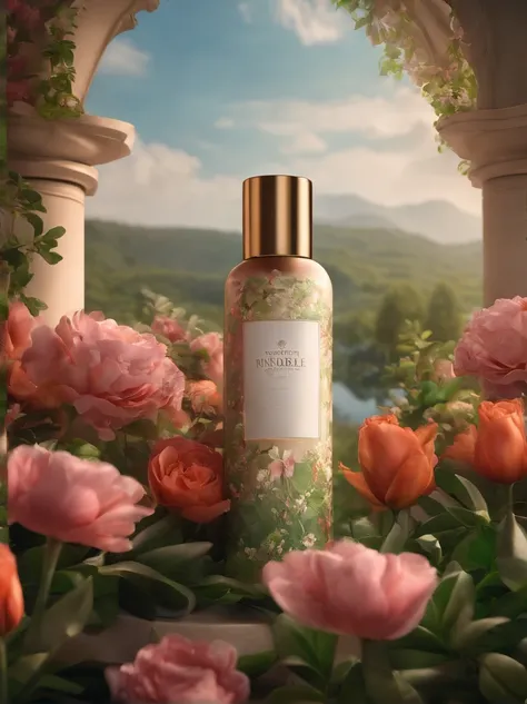 A bottle of body lotion surrounded by flowers，Surrounded by a complex of green neighborhoods，oc rendered，Match the environment，exquisite curve，The expression is mysterious，Noble，𝓡𝓸𝓶𝓪𝓷𝓽𝓲𝓬