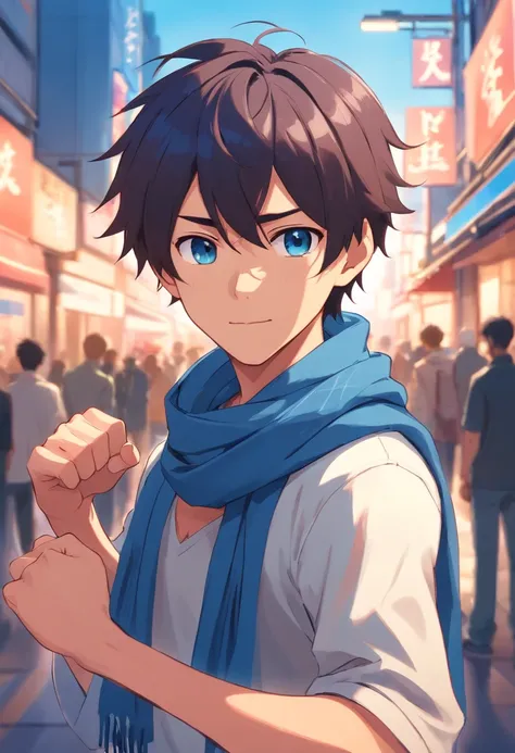 A boy, transformed into an anime style, with exaggerated unique facial features and clothing, long blue scarf, in a boxing stance, high-contrast colors, 4K high-definition quality，young, smiling, handsome