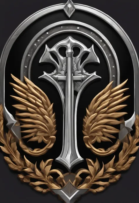 （Game achievement badge design），silver medal，Flat 2D Effects，Wheat border ears，(In the center of the medallion is、、There is an icon at the intersection of the hammer and wrench)、sword and magic