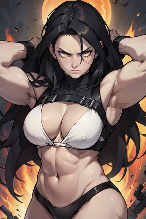 1girl black hair yellow eyes very long hair pale skin angry (((muscular))) big tits