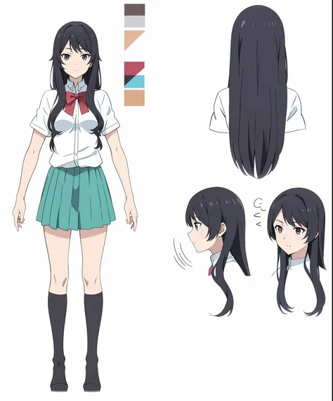 Anime girl long black hair charecter sheet