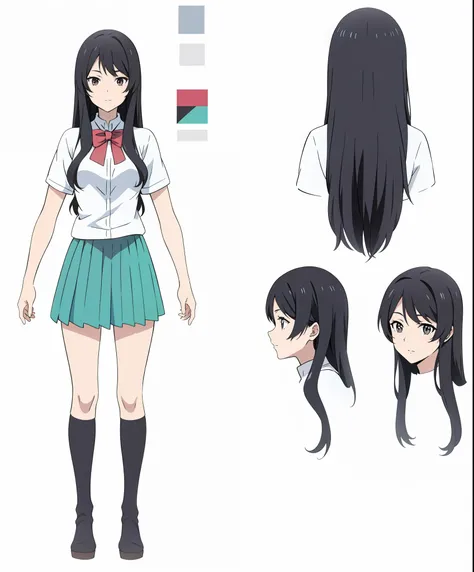 Anime girl long black hair charecter sheet