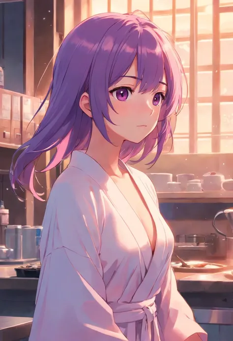 Pinkish-purple hair,Medium Hair,medium breasts⁩, deadpan,Slender girl,full bodyesbian,robe blanche,