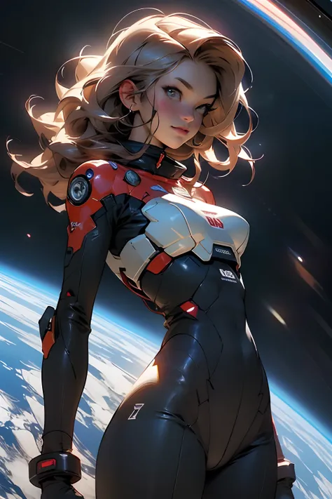 rear view, backside view, sandy hair, fit body, large breasts, slender thighs, slender waist, pilot suit, solo, looking away from the viewer, not looking at viewer, in space, long hair, blushing, slight smile, 8k, extreme detail, sharp detail on face, beau...