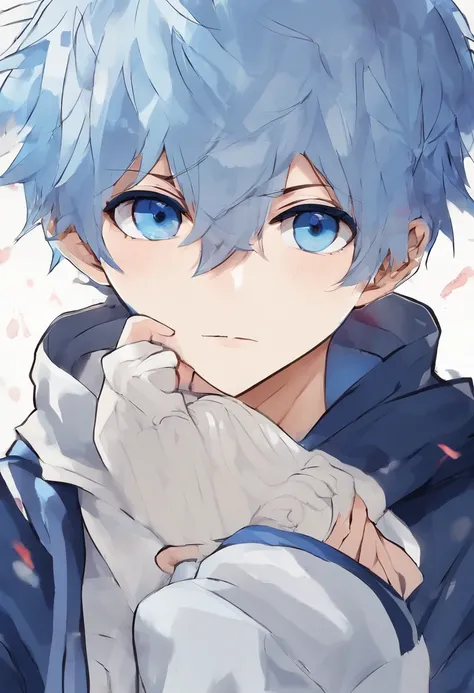 A boy, anime style, blue and white sweater, short blue hair, ripped sweater, blood from mouth, ripped jeans, boxing stance, dark blue eyes, eyes glowing blue, long blue scarf flowing in the air, 4K high-definition quality，young, smirking, handsome