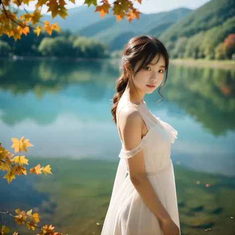 Beautuful Women、18year old 、body shot、Colored leaves、lake