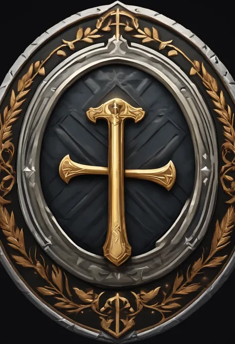 （Game achievement badge design），silver medal，Flat 2D Effects，Wheat border ears，(In the center of the medallion is、、There is an icon at the intersection of the hammer and wrench)、sword and magic