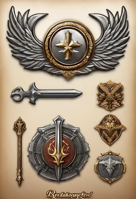 （Game achievement badge design），silver medal，Flat 2D Effects，Wheat border ears，(In the center of the medallion is a sword、There is an icon at the intersection of the hammer and wrench)、sword and magic