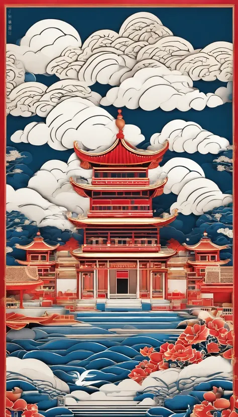 Chinese illustration on blue background, Auspicious clouds, 16k, 。...。.3D, Sam, saw, Many Chinese buildings, ,gardens,mountain water,Sea of Clouds,Multi-dimensional paper filling, Composition of the tunnel, warm lights, hyper HD, Elevation perspective,Ultr...