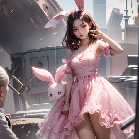 a women, pink bunny ears, black hair, pink eyes, pink dress