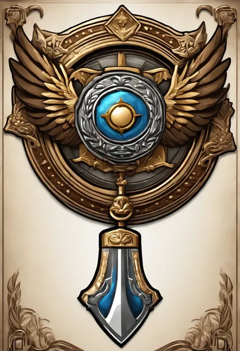 （Game achievement badge design），silver medal，Flat 2D Effects，Wheat border ears，(In the center of the medallion are wings、There is an icon at the intersection of the hammer and wrench)、sword and magic