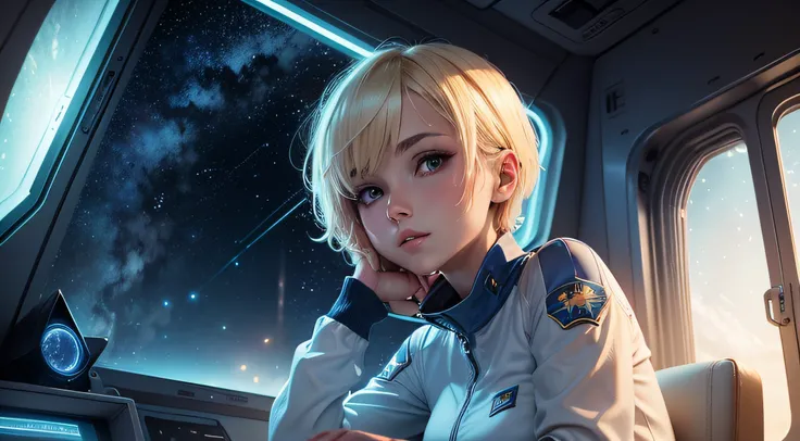 Blonde young woman with short hair and long sleeves sits on the seat of a spaceship、You can see beautiful stars in the window