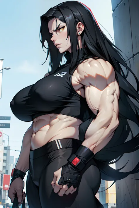 huge tits 1girl black hair yellow eyes very long hair pale skin angry (((muscular)))