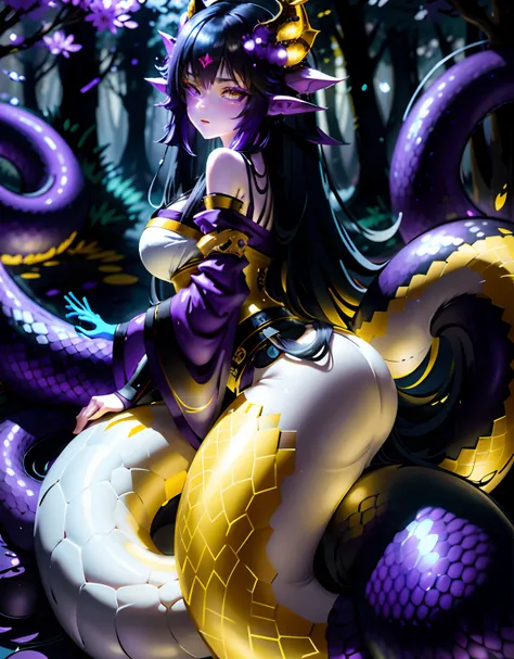 girl, lamia, lamia hybrid, lamia ears, lamia tail, thick body, curly black hair, white skin, blue eyes, florest background, high resolution, beautiful, straight hair, scales, slightly chubby body, thick curves, pink , trees on the back, blindfolded, black ...