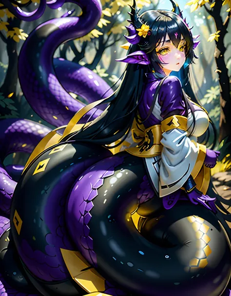 girl, lamia, lamia hybrid, lamia ears, lamia tail, thick body, curly black hair, white skin, blue eyes, florest background, high...