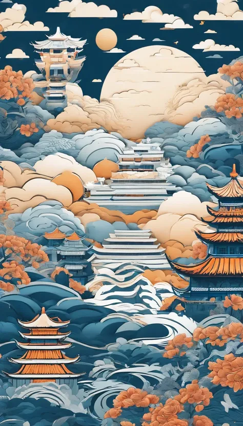 Chinese illustration on blue background, Auspicious clouds, 16k, 。...。.。.3D, Sam, saw, Many Chinese buildings, ,gardens,mountain water,Sea of clouds,drak，tigre，Multi-dimensional paper filling, Composition of the tunnel, warm lights, hyper HD, Elevation per...