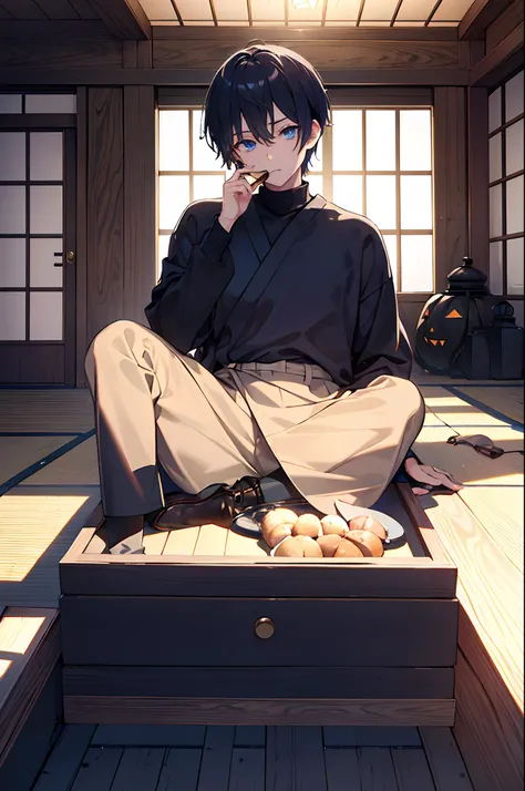 male people 　Dark blue short hair　blue eyess　Sweaters　Brown Slacks　long boots　Japanese houses　Sitting in the room、Eat oden　Halloween　​masterpiece　Top image quality　Clear Parts Cinematic Shadows　Increased attractiveness of the eyes　Clear the shine of the ey...