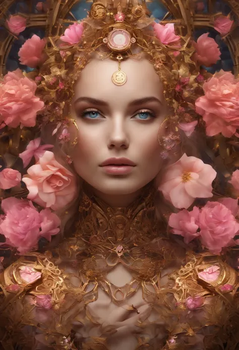 Absurd, high-res, ultra-detail, (1girll:1.3), Steampunk Fantasy Series , optical illusion, Fractal format, Geometric shapes, dynamic, brightly colored, (floral, petals), (gold & pink:1),