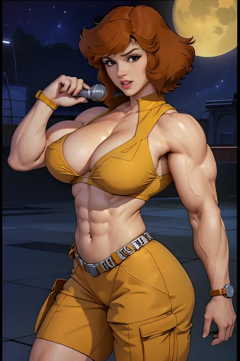 Cowboy shot, April ONeill, 1980s (style of), 1girl, Very muscular girl, brown hair, orange hair, retro artstyle, Short hair, Yellow bikini, big_, huge biceps, wide hips, cleavage, night city background, hypermuscles, Microphone in hand, full face