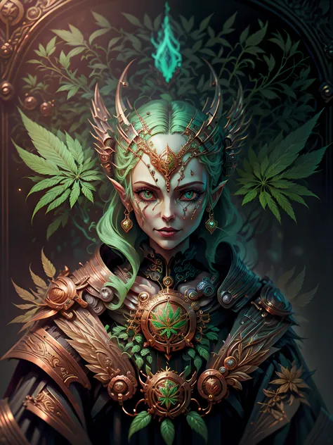 A woman (Jesica Alba :1.1) red lips,  green eyes,  as the queen of Cannabis,  with a crown,  steampunk style,  with armor made of copper and Gold with Cannabis motive,  and Cannabis plants and leafs all over to create a tasteful style poster to promote Can...