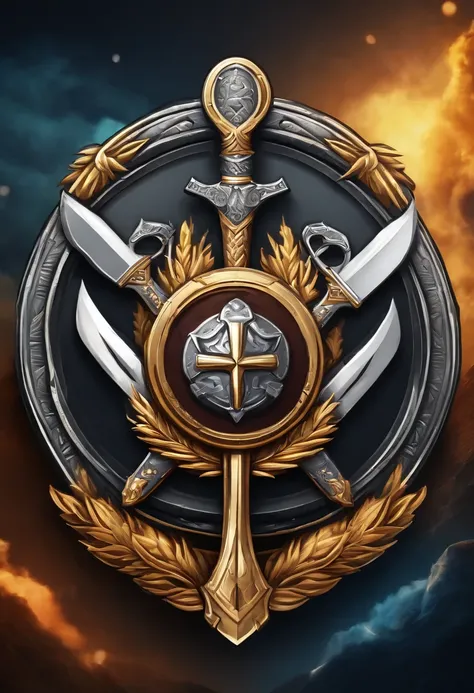 （Game achievement badge design），silver medal，Flat 2D Effects，Wheat border ears，(In the center of the medallion there is an icon at the intersection of the hammer and the wrench)、sword and magic