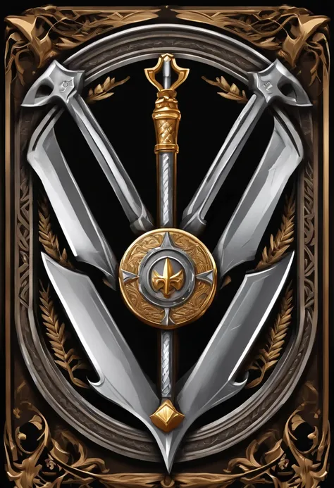 （Game achievement badge design），silver medal，Flat 2D Effects，Wheat border ears，(In the center of the medallion there is an icon at the intersection of the hammer and the wrench)、sword and magic