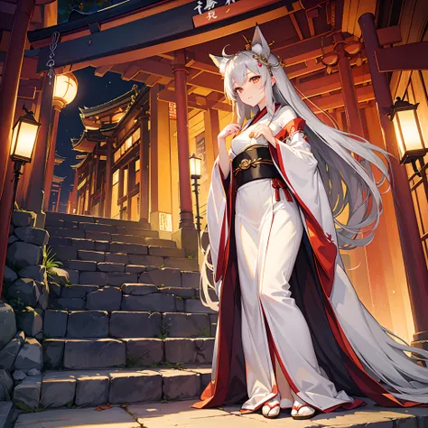 masterpiece best quality　mid night　Fox-eared beauty　Silver-haired beauty　Priestess clothing　　shrines　torii gate　stairway　Fushimi Inari Taisha Shrine　Fantastical　Mystical　Wonderland　Inside the shrine