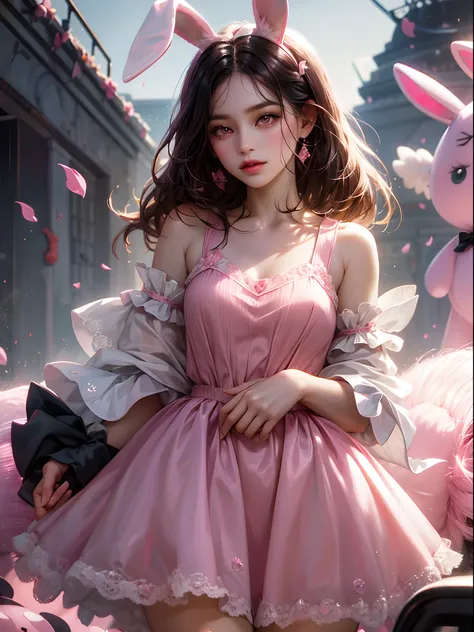 a women, pink bunny ears, black hair, pink eyes, pink dress