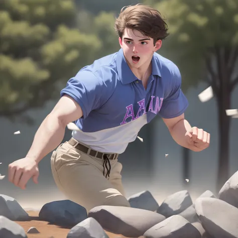 Close up of a frat boy throwing a big rock