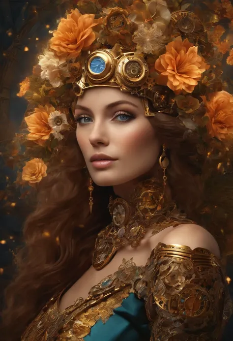 Absurd, high-res, ultra-detail, (1girll:1.3), Steampunk Fantasy Series , optical illusion, Fractal format, Geometric shapes, dynamic, brightly colored, (floral, petals), (gold & lam:1),