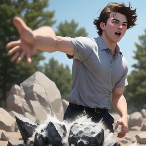 Close up of a frat boy throwing a big rock