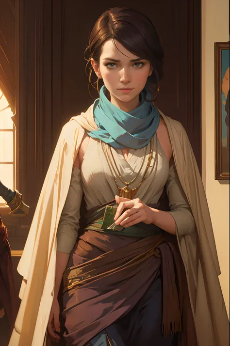 a painting of a woman with a scarf on her neck, craig mullins alphonse mucha, artgerm craig mullins, beautiful character painting, rhads and lois van baarle, artgerm and atey ghailan, charlie bowater rich deep colors, ross tran 8 k, ( ( mads berg ) ), artg...