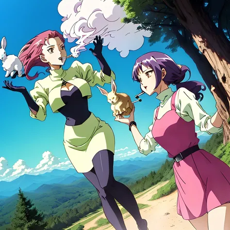 Anime style photo of women frolicking with bunnies while smoking weed