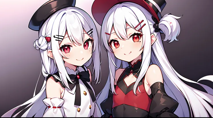 komori,idolcloth,masterpiece,best quality,white hair, red eyes,white shirt,(black formal hat),(hairclip:1.3),(small mouth mole:1.3),smile,highres,4k,black detached sleeves, upper body,