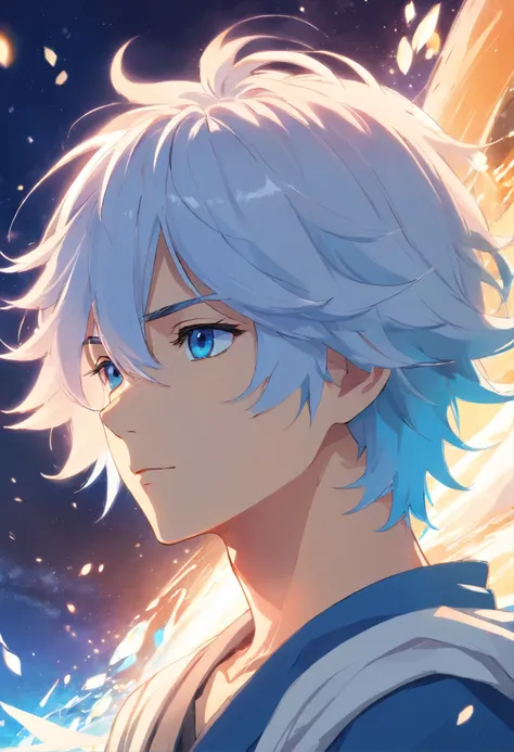 Create a captivating anime character, featuring a stunningly handsome man with flowing white hair, enchanting blue eyes, and dressed in an exquisite, one-of-a-kind outfit."