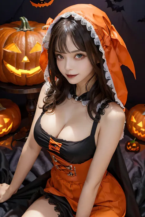 (Halloween theme:1.5), (fantasy:1.5), upper body portrait of a tall very busty beautiful women wearing halloween witch costume, skin tight full lacy ultra detailed embroidery Dirndl, (fusion of orange Dirndl and aodai:1.2), (Hood), BREAK, ((;D1.3, evil smi...