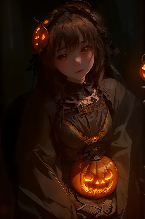 (masterpiece、top-quality、top-quality、Beautifully Aesthetic:1.2)、(((Girl in cute glowing jack lantern head)))、((I cant see the girls face))、halloween night、ighly detailed、colourfull、highestdetailed,Russian beauty model