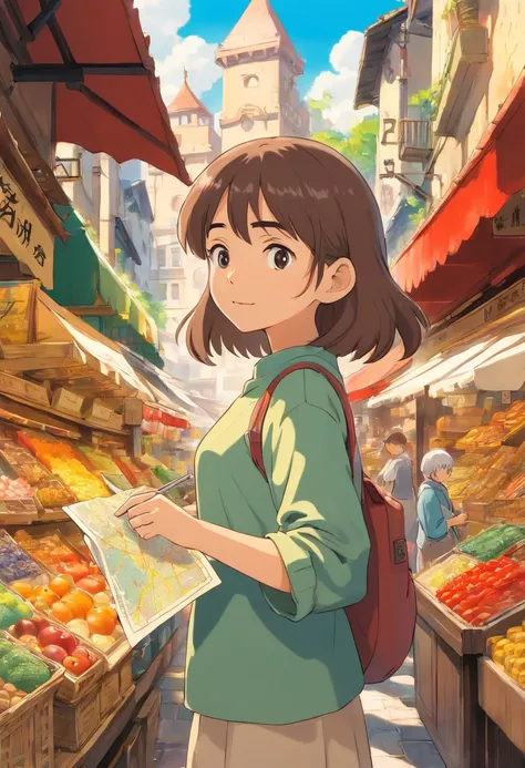 A girl holding a map walk in the market